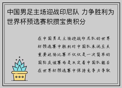 中国男足主场迎战印尼队 力争胜利为世界杯预选赛积攒宝贵积分